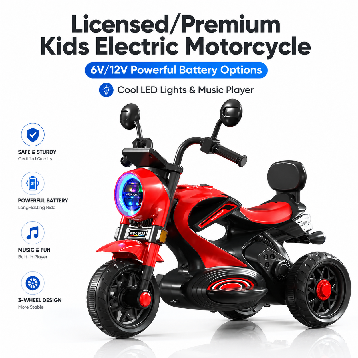 Excited kid on ride-on motorcycle